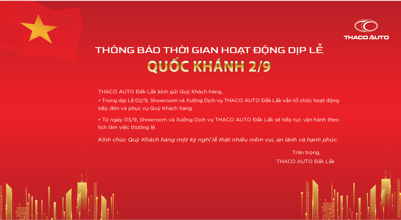 THACO AUTO Đắk Lắk thông báo thời gian hoạt động lễ  quốc khánh 2/9