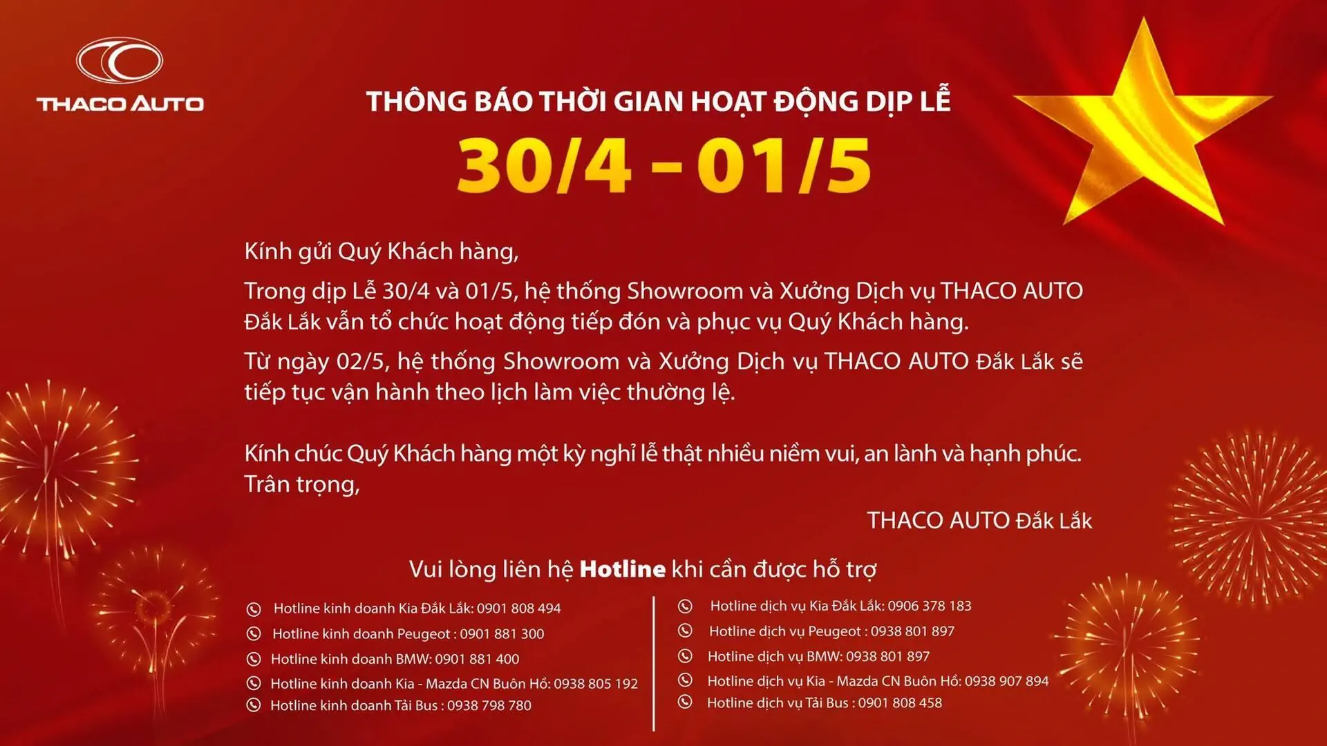 THACO AUTO Đắk Lắk - Thông báo thời gian hoạt động dịp lễ 30/4 - 01/05