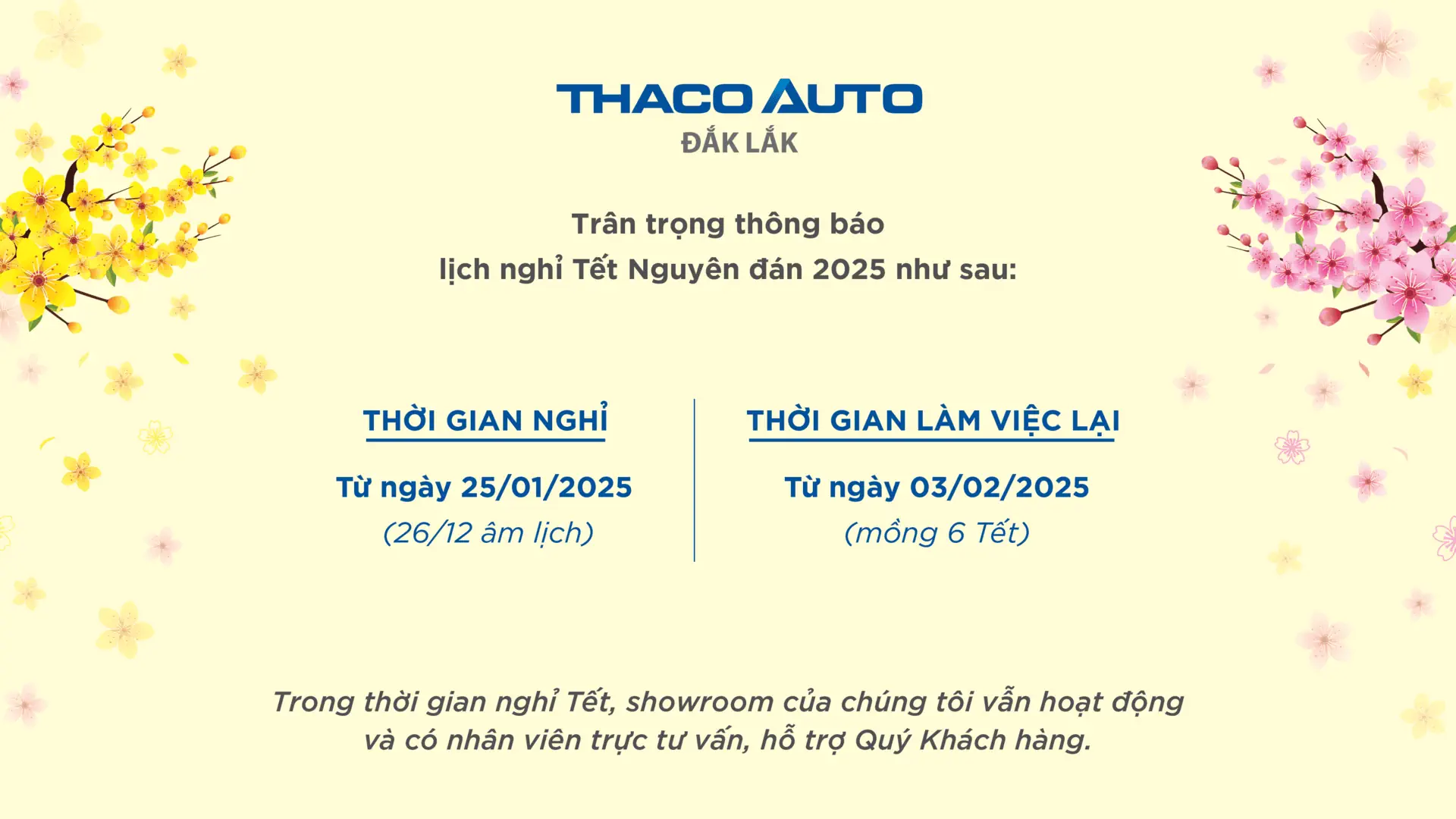 THACO AUTO Đắk Lắk - Thông báo lịch nghỉ Tết Nguyên Đán Ất Tỵ 2025